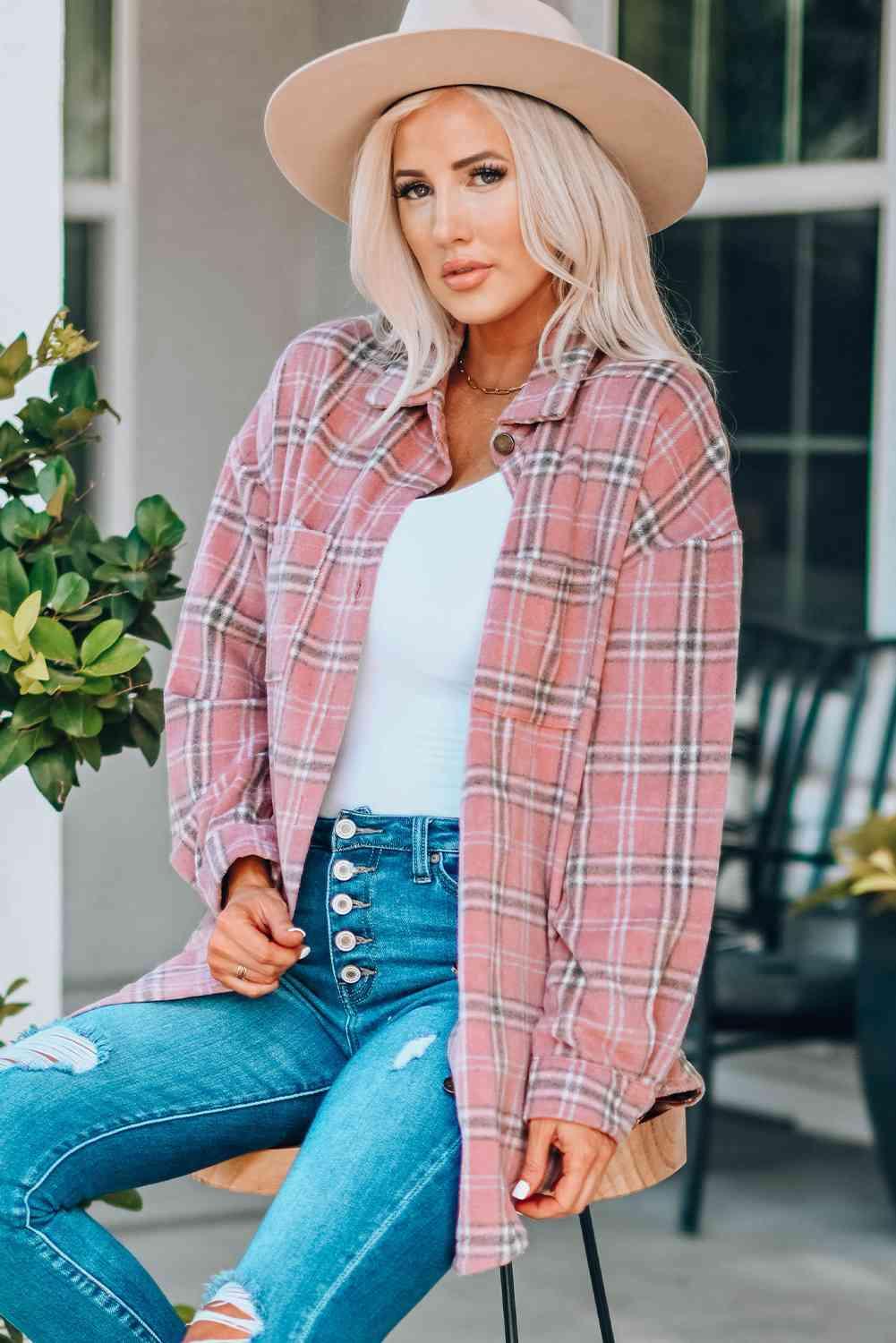 Plaid Curved Hem Dropped Shoulder Longline Shirt Jacket - Immenzive