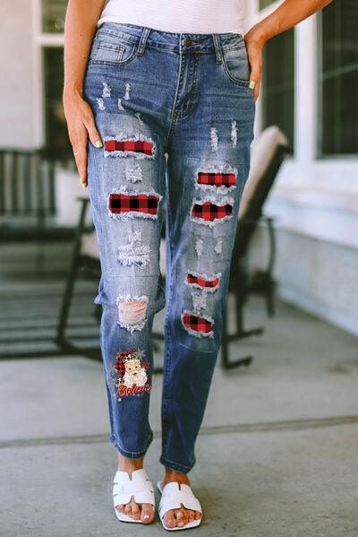 Plaid Distressed Jeans with Pockets - Immenzive