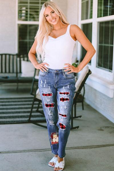 Plaid Distressed Jeans with Pockets - Immenzive