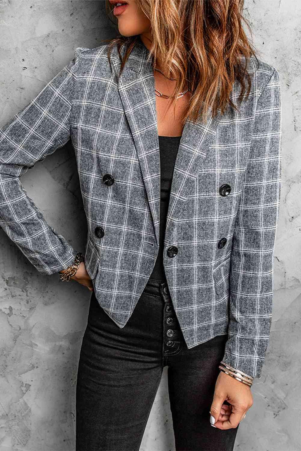 Plaid Double-Breasted Flap Pocket Blazer - Immenzive