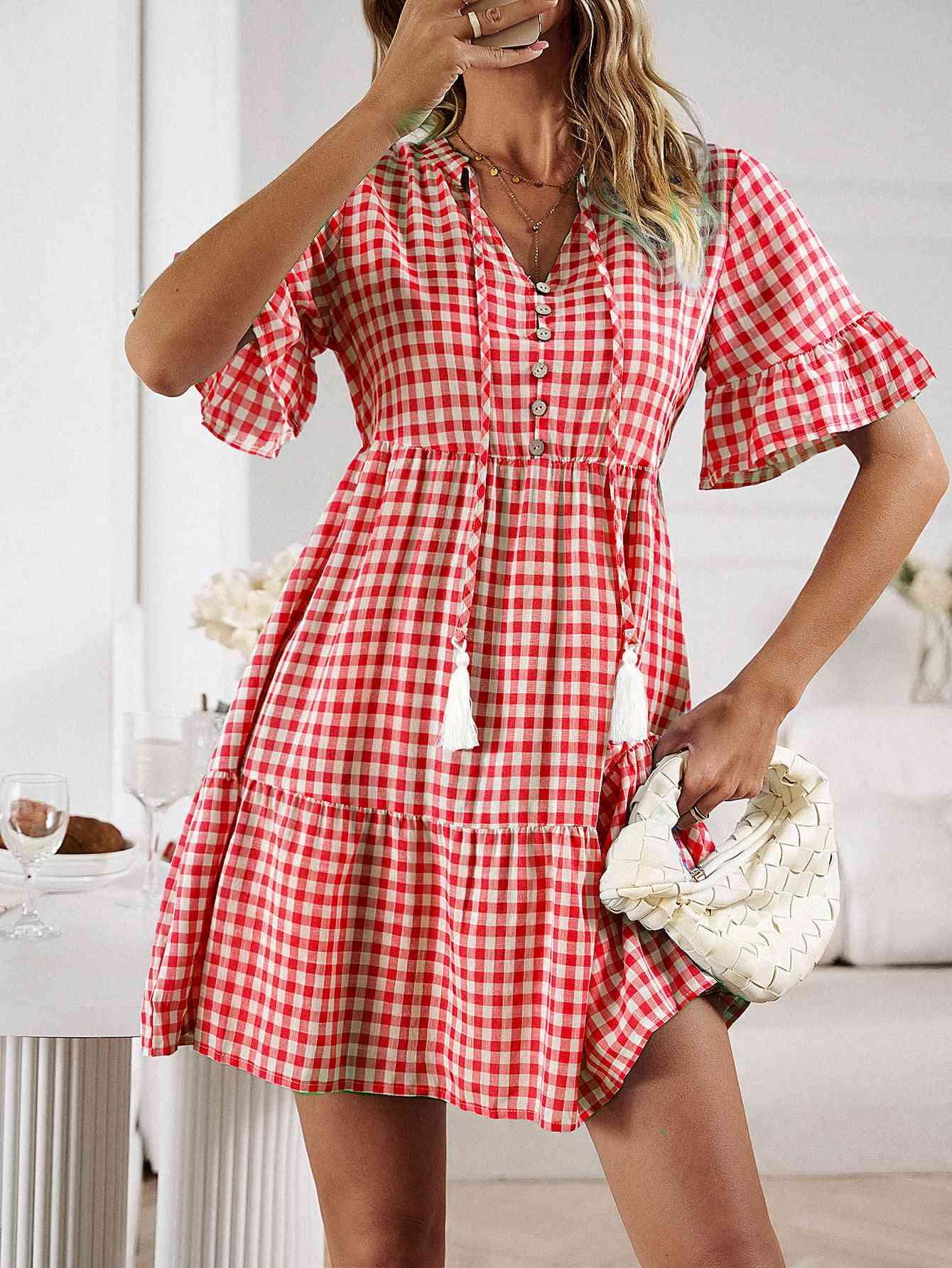 Plaid Flounce Sleeve Buttoned Mini Dress - Immenzive