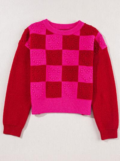 Plaid Heart Round Neck Sweater - Immenzive