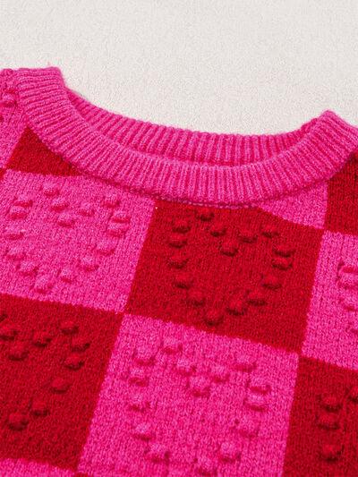 Plaid Heart Round Neck Sweater - Immenzive