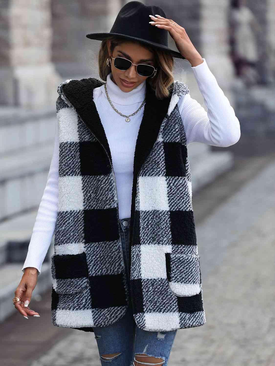 Plaid Hooded Vest with Pockets - Immenzive