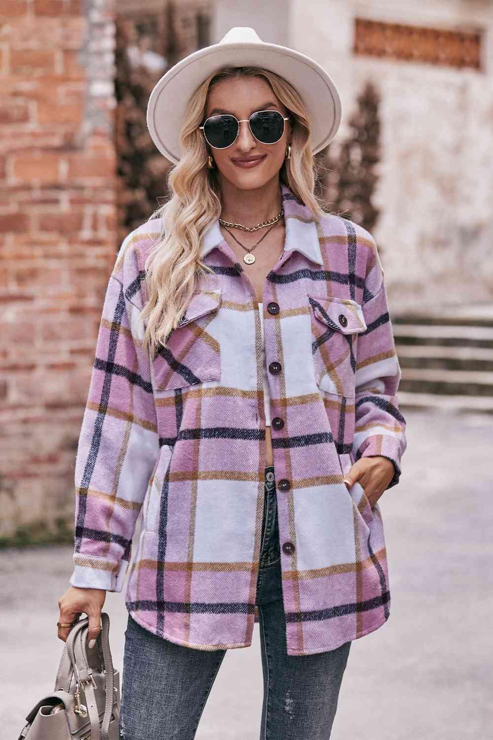 Plaid Long Sleeve Shirt Jacket with Pockets - Immenzive