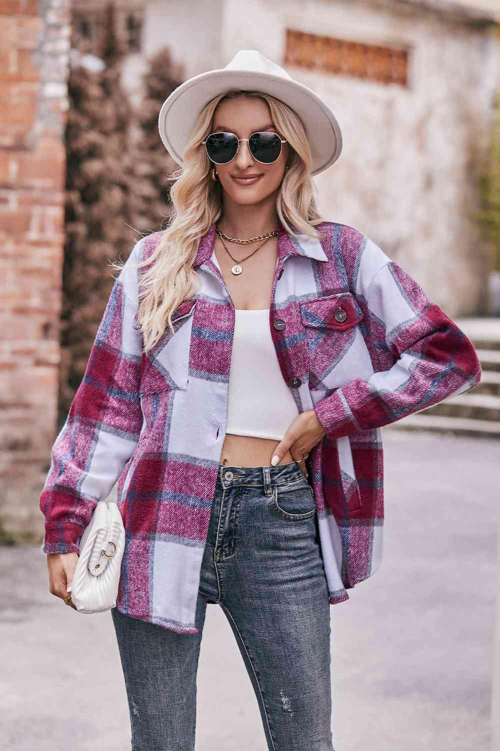 Plaid Long Sleeve Shirt Jacket with Pockets - Immenzive