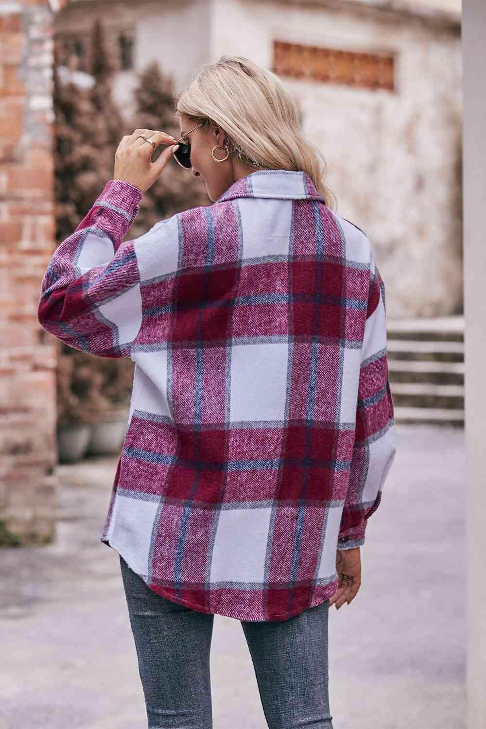 Plaid Long Sleeve Shirt Jacket with Pockets - Immenzive