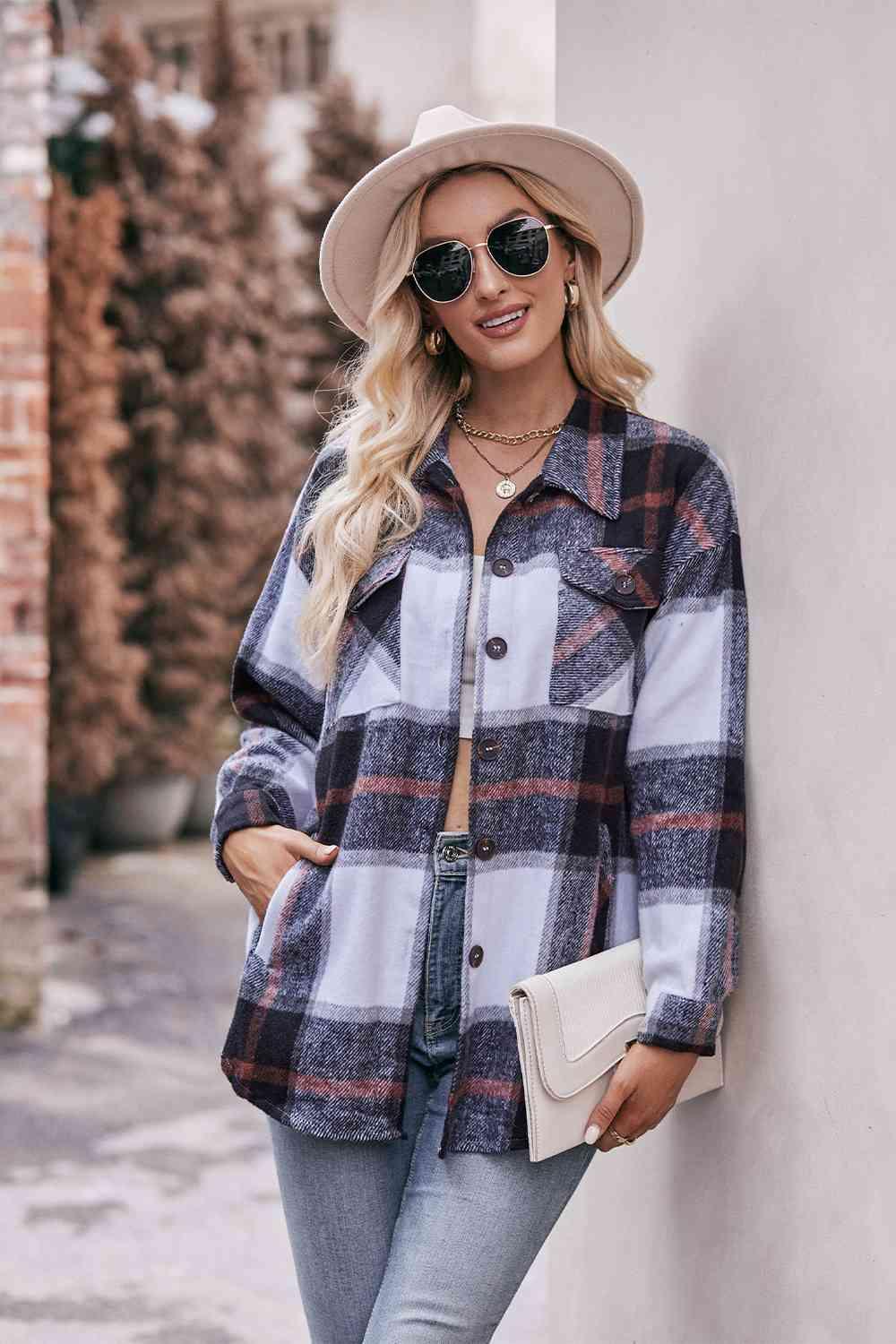 Plaid Long Sleeve Shirt Jacket with Pockets - Immenzive