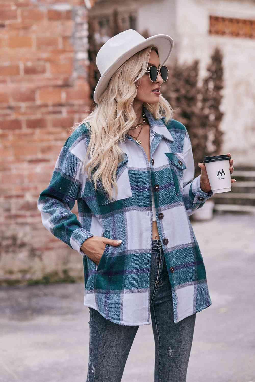 Plaid Long Sleeve Shirt Jacket with Pockets - Immenzive