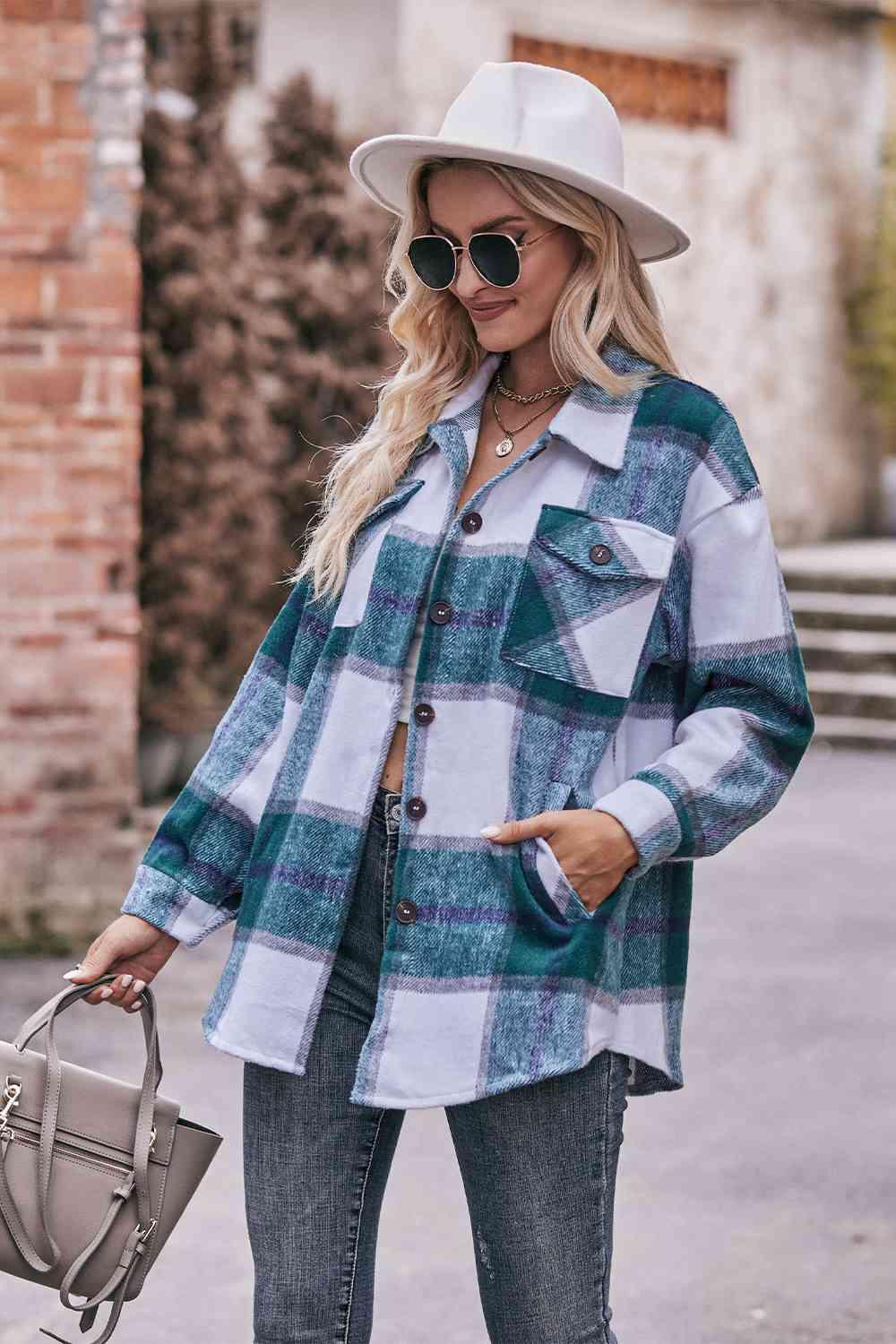 Plaid Long Sleeve Shirt Jacket with Pockets - Immenzive