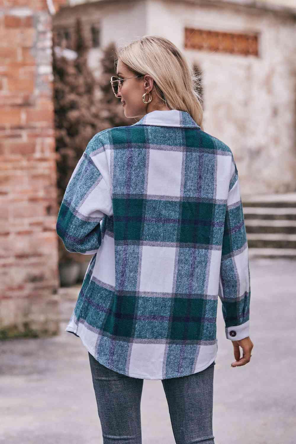 Plaid Long Sleeve Shirt Jacket with Pockets - Immenzive