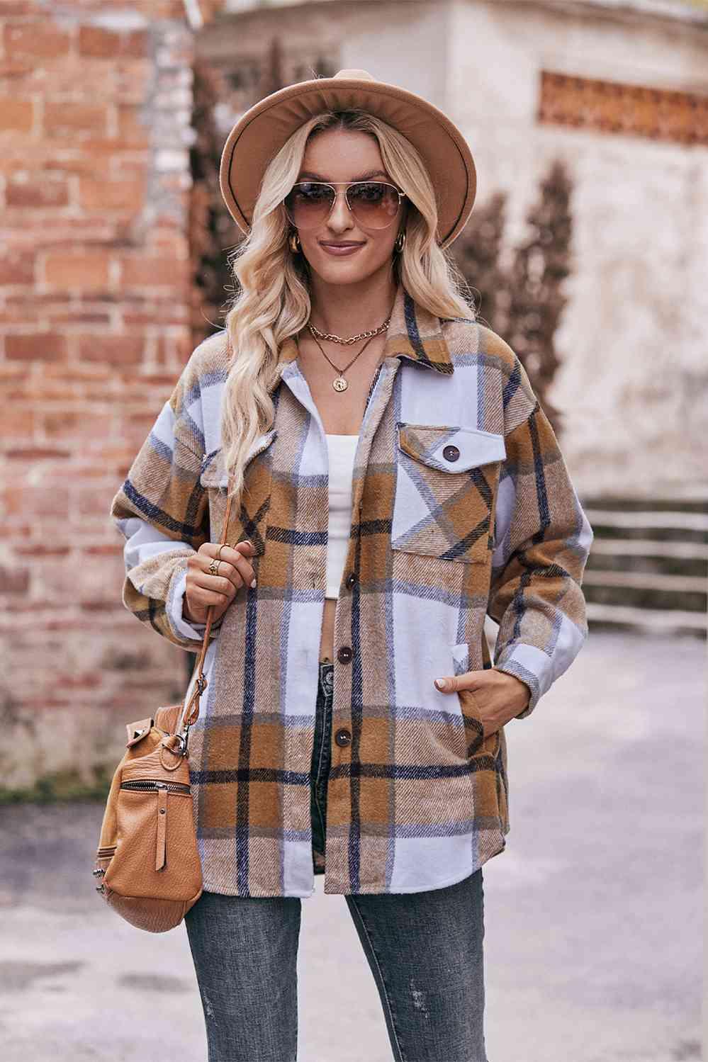 Plaid Long Sleeve Shirt Jacket with Pockets - Immenzive