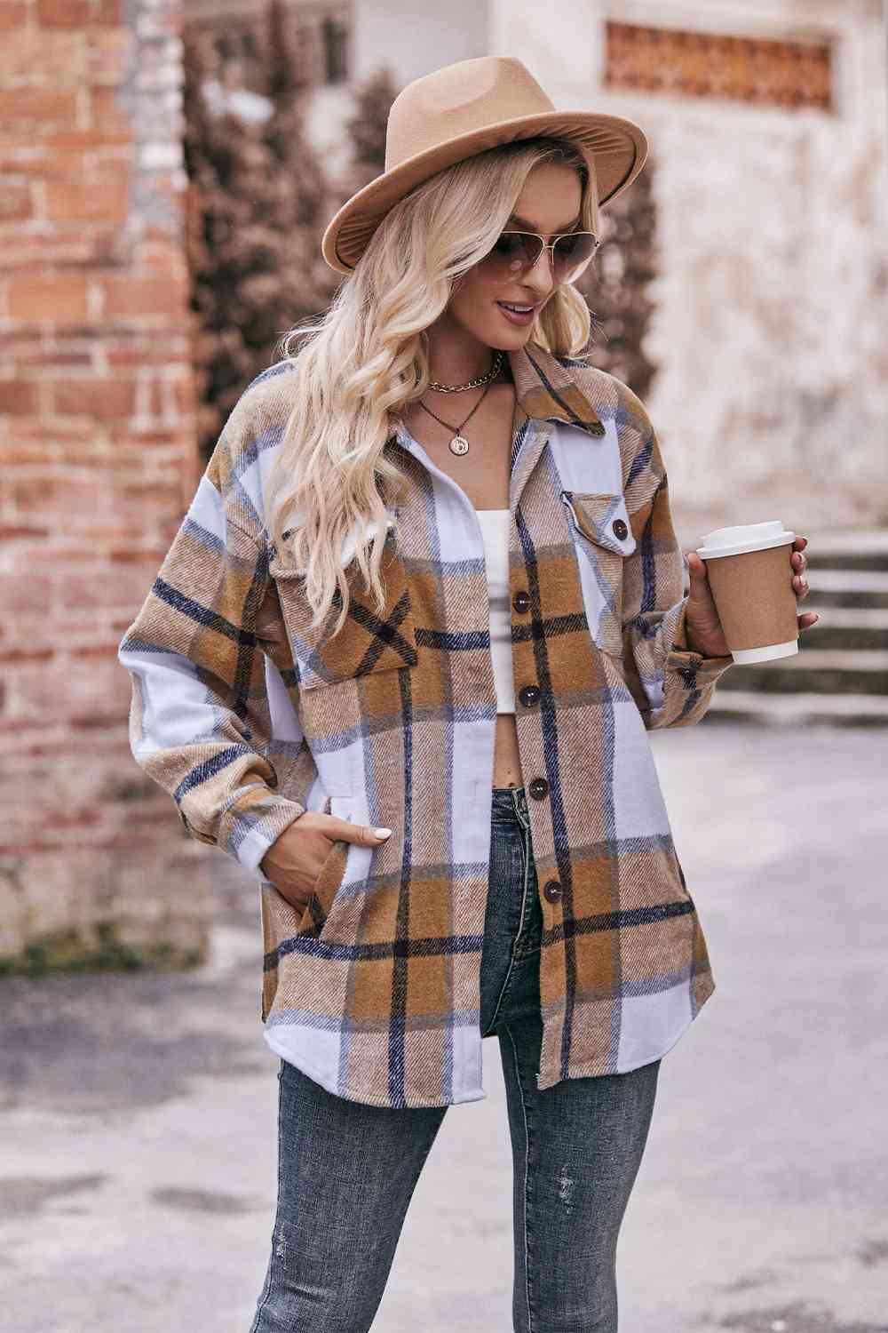 Plaid Long Sleeve Shirt Jacket with Pockets - Immenzive