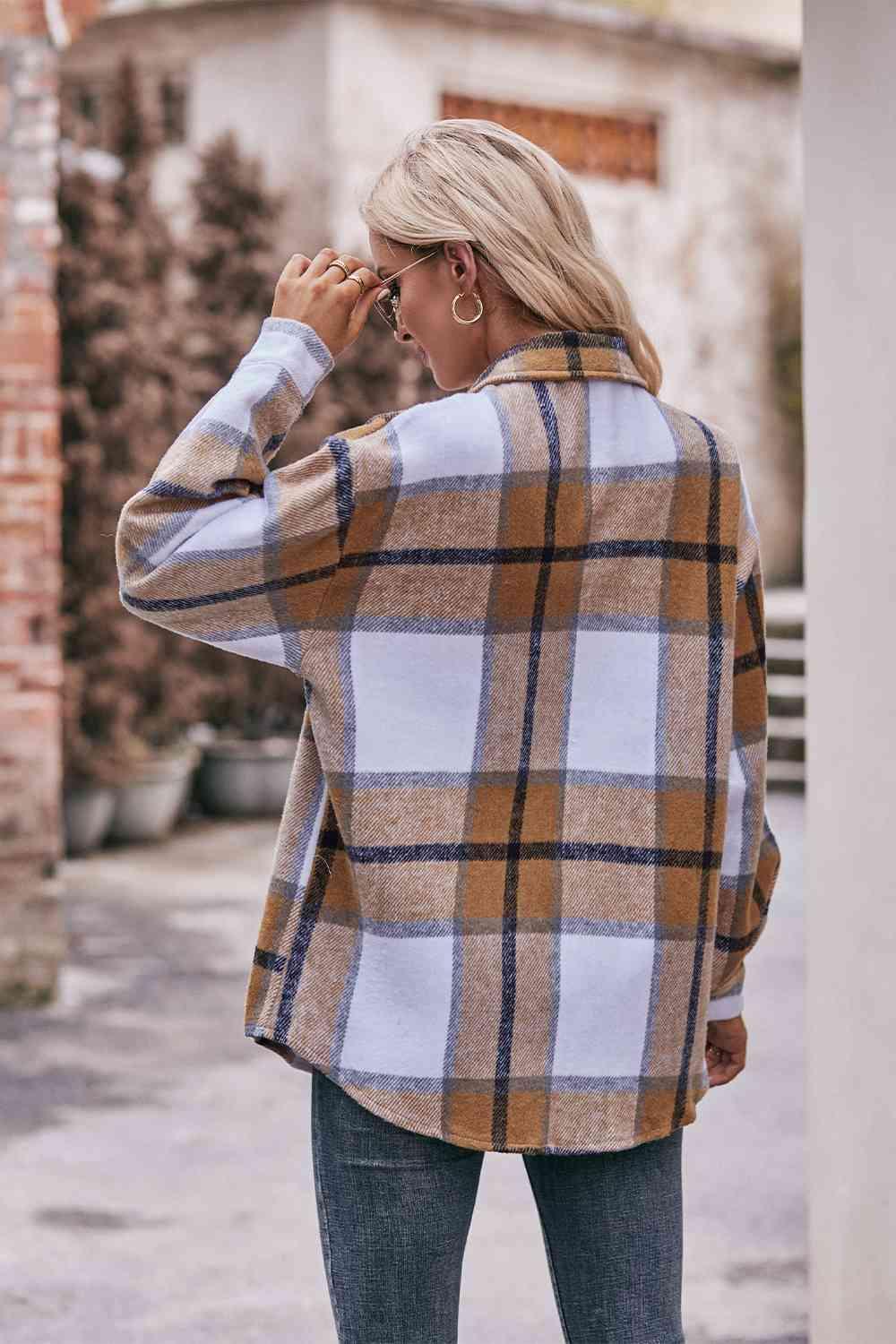 Plaid Long Sleeve Shirt Jacket with Pockets - Immenzive