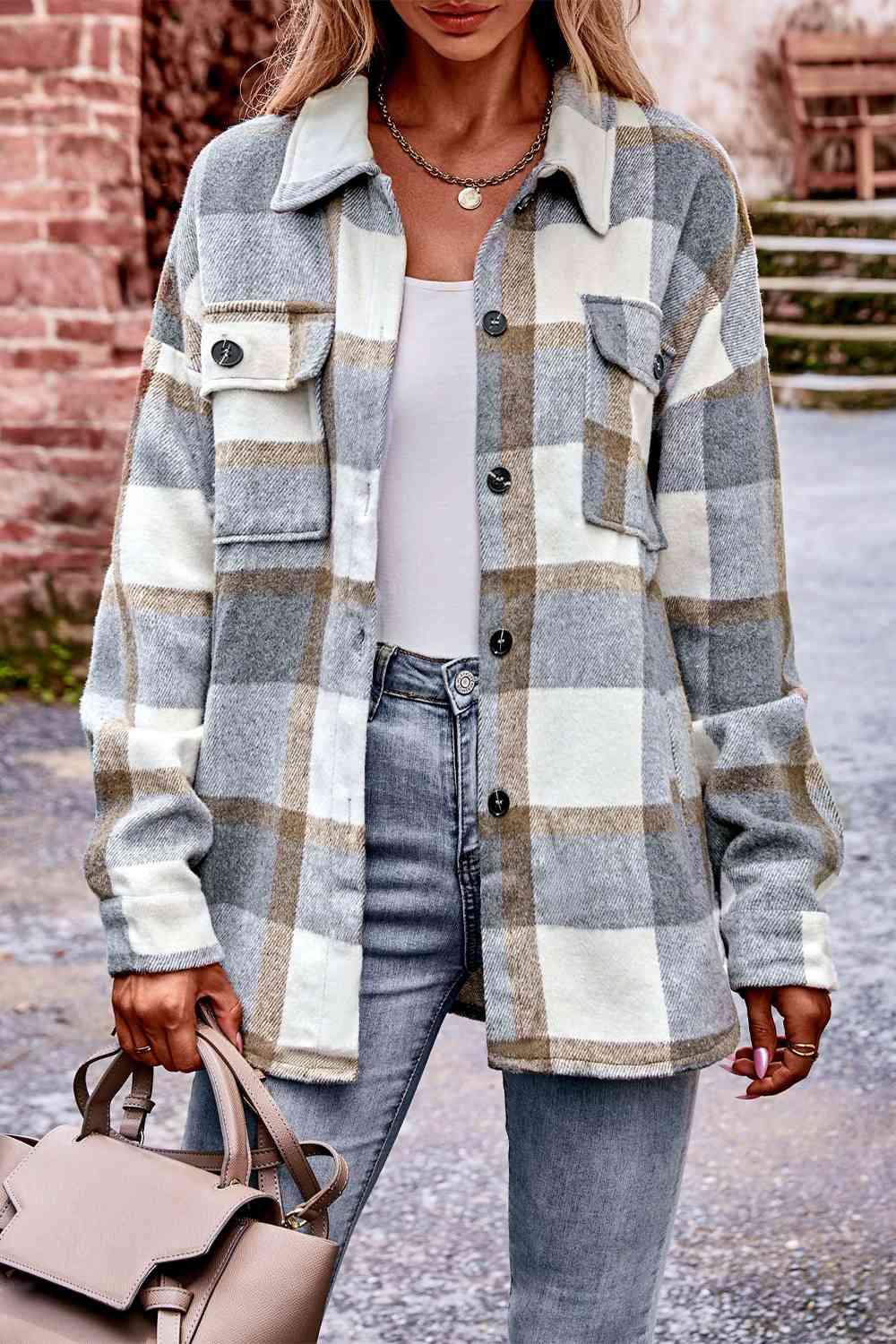 Plaid Long Sleeve Shirt Jacket with Pockets - Immenzive