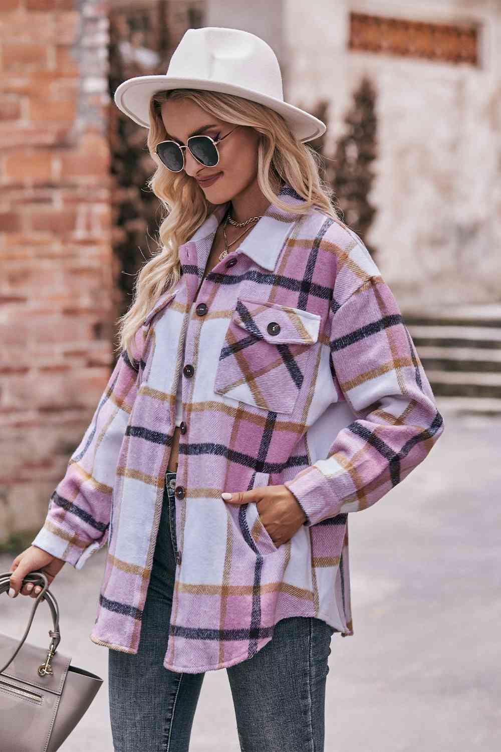 Plaid Long Sleeve Shirt Jacket with Pockets - Immenzive