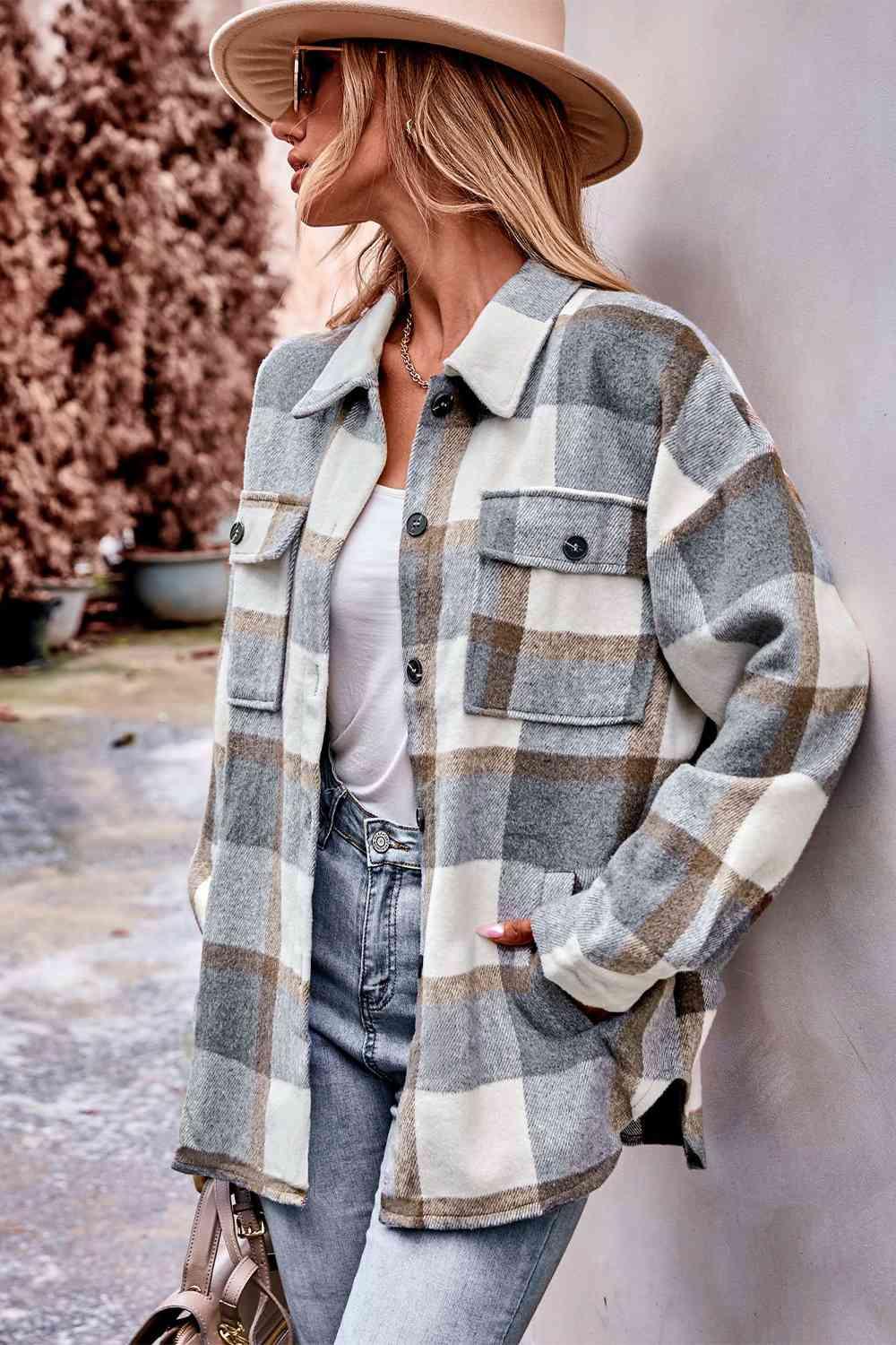 Plaid Long Sleeve Shirt Jacket with Pockets - Immenzive