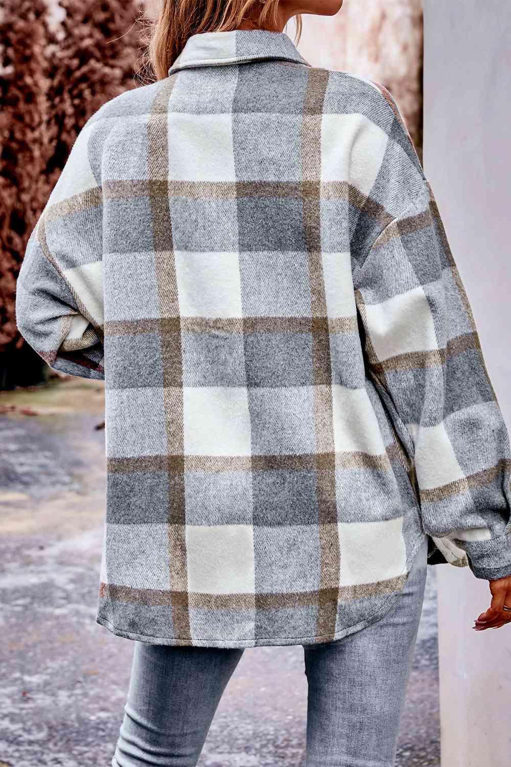 Plaid Long Sleeve Shirt Jacket with Pockets - Immenzive