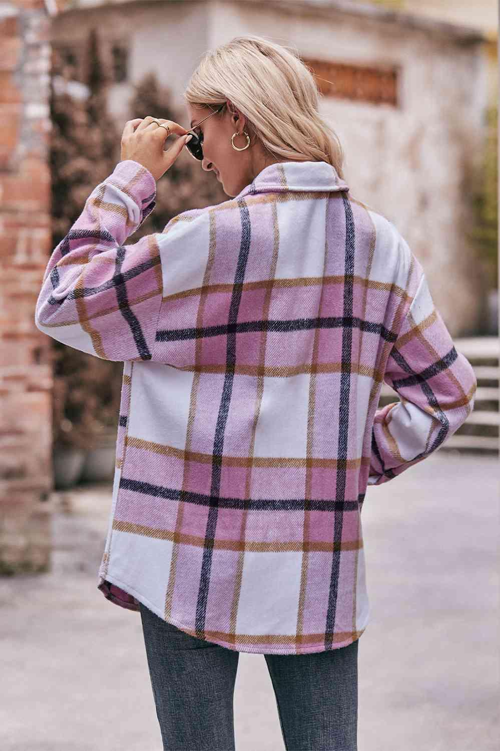 Plaid Long Sleeve Shirt Jacket with Pockets - Immenzive