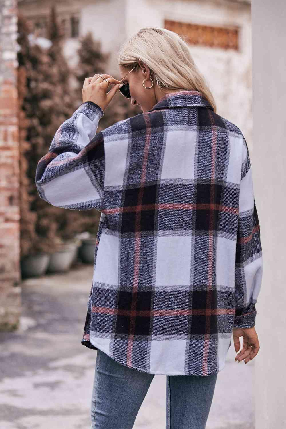 Plaid Long Sleeve Shirt Jacket with Pockets - Immenzive