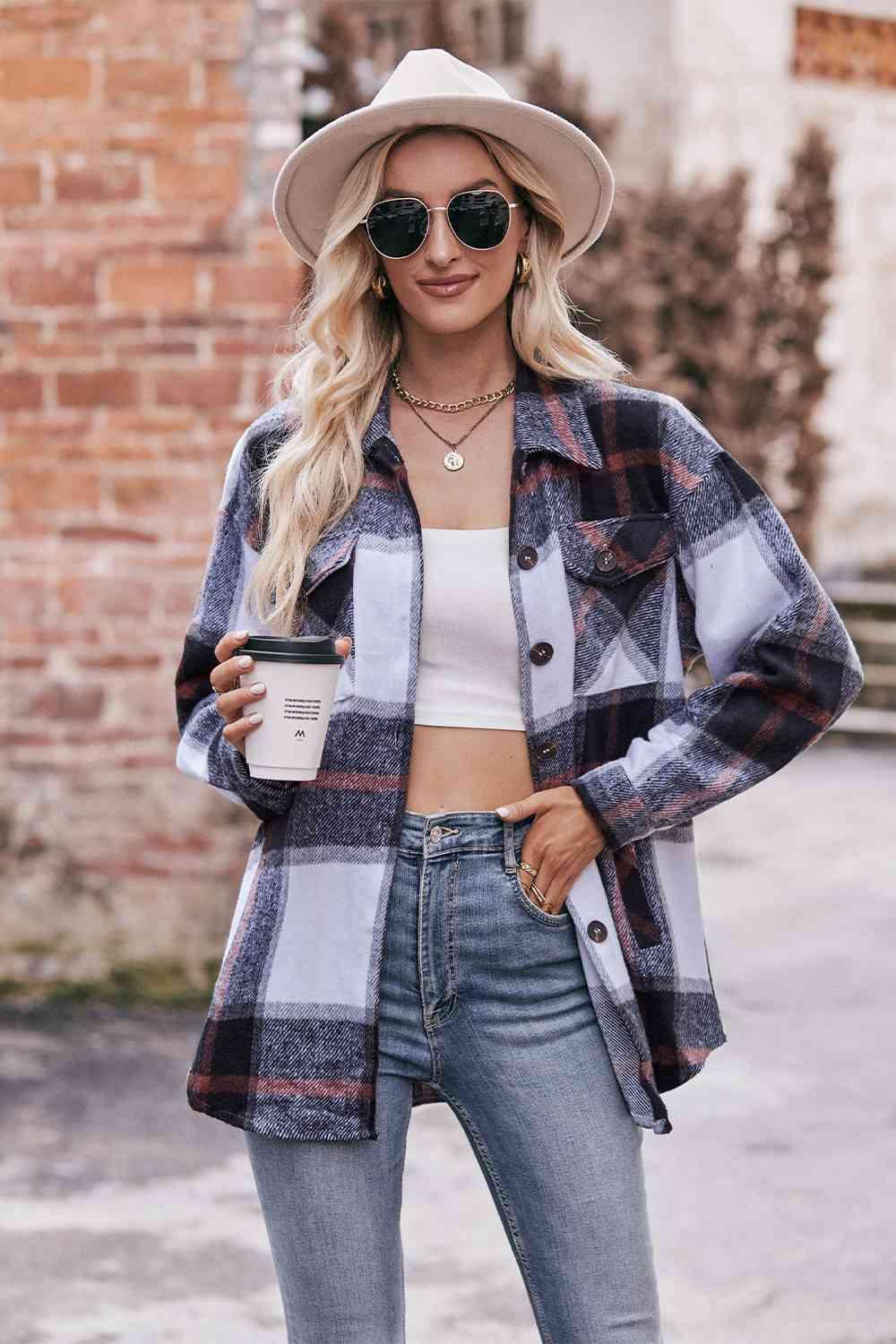 Plaid Long Sleeve Shirt Jacket with Pockets - Immenzive