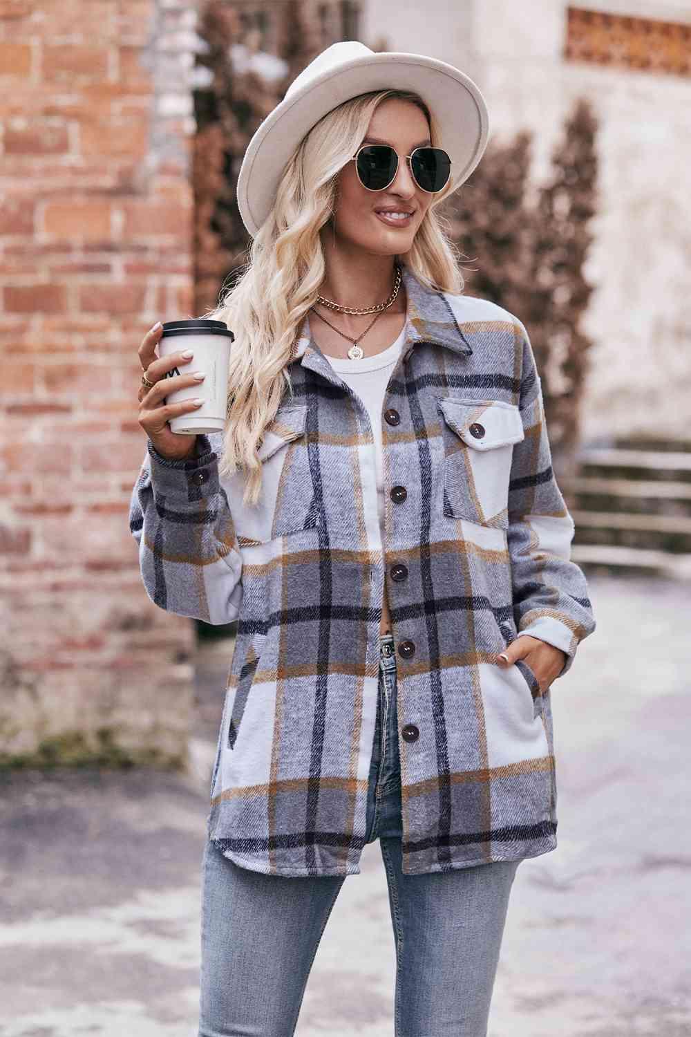 Plaid Long Sleeve Shirt Jacket with Pockets - Immenzive