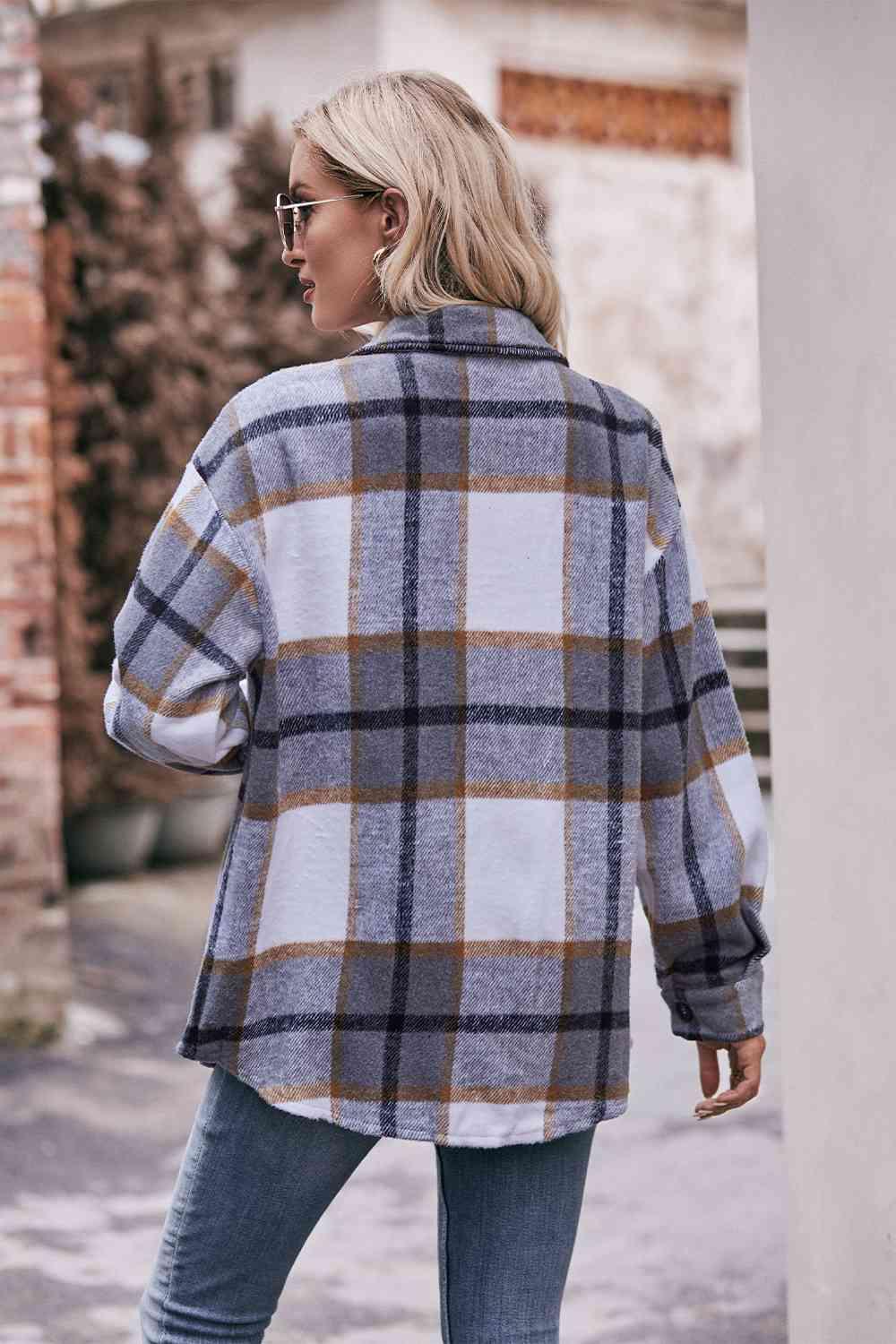 Plaid Long Sleeve Shirt Jacket with Pockets - Immenzive