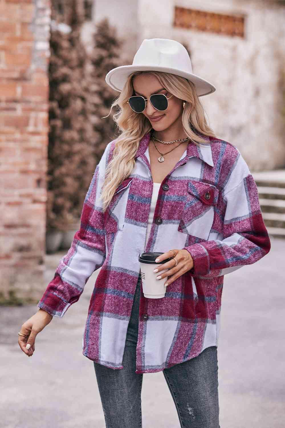 Plaid Long Sleeve Shirt Jacket with Pockets - Immenzive