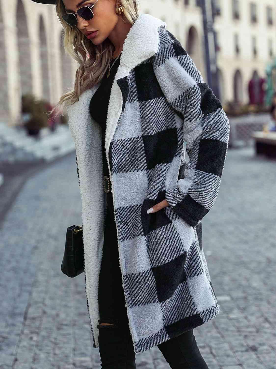 Plaid Open Front Coat with Pockets - Immenzive