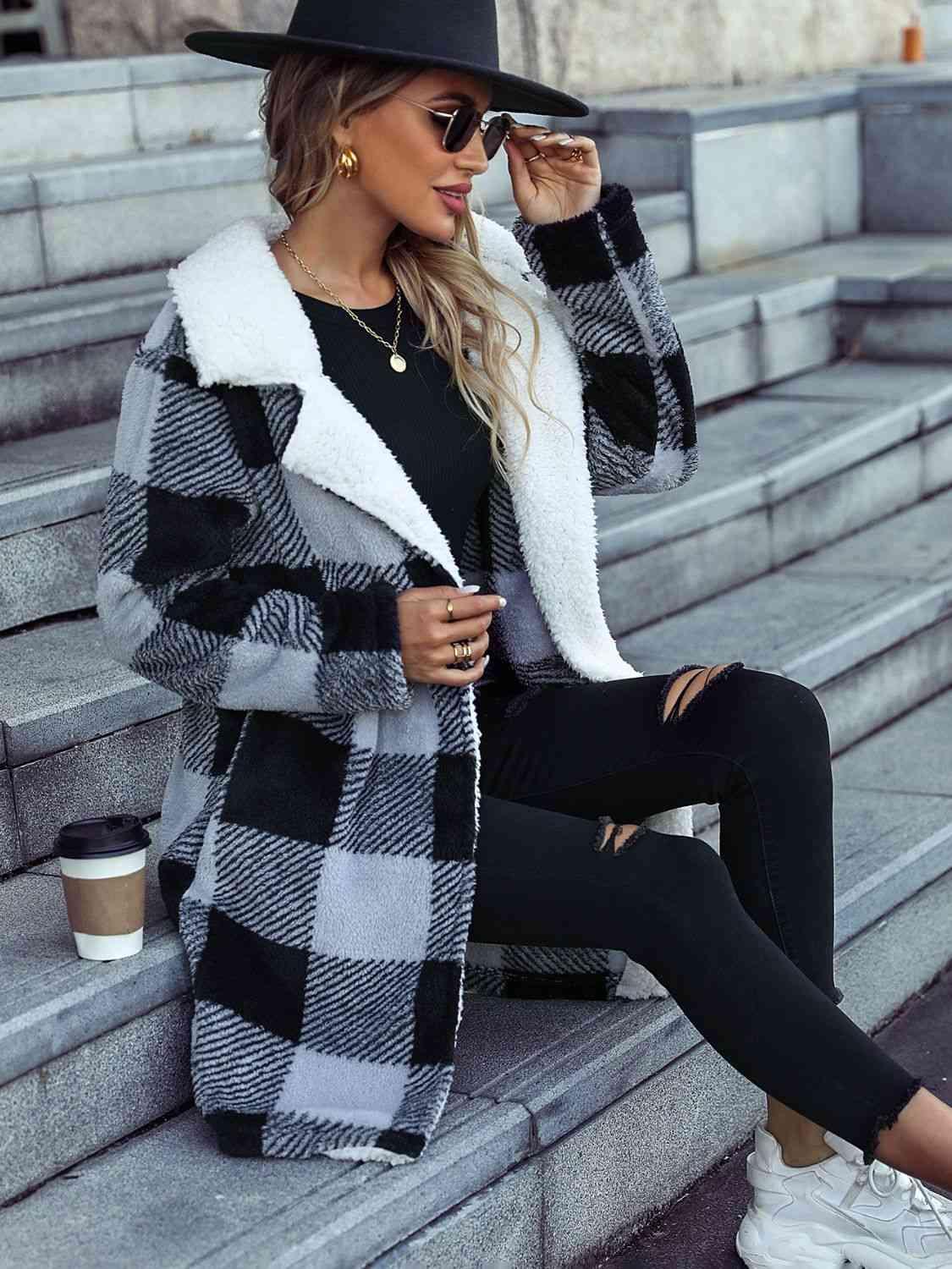 Plaid Open Front Coat with Pockets - Immenzive