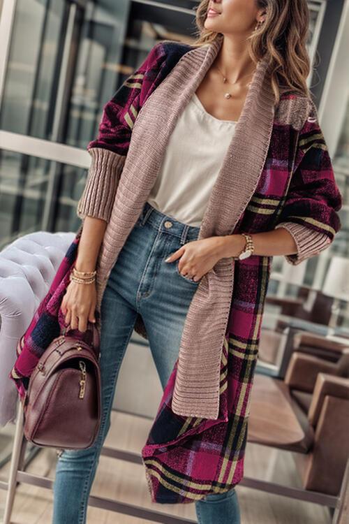 Plaid Open Front Long Sleeve Cardigan - Immenzive