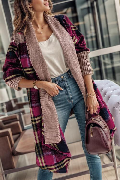 Plaid Open Front Long Sleeve Cardigan - Immenzive