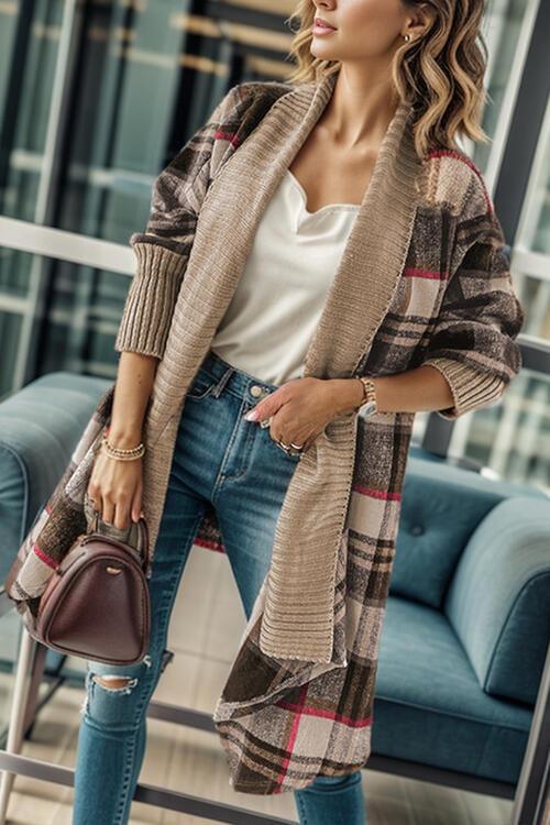 Plaid Open Front Long Sleeve Cardigan - Immenzive