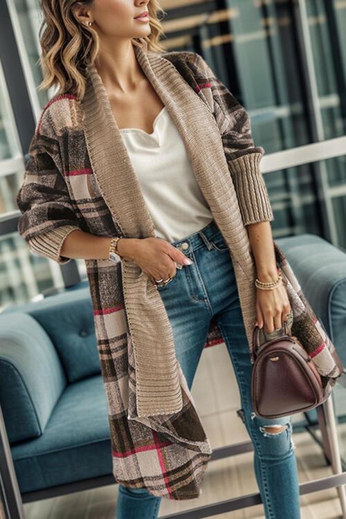 Plaid Open Front Long Sleeve Cardigan - Immenzive