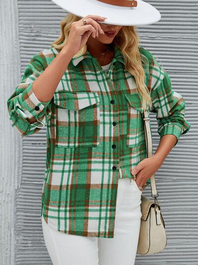 Plaid Pocketed Button Up Dropped Shoulder Jacket - Immenzive
