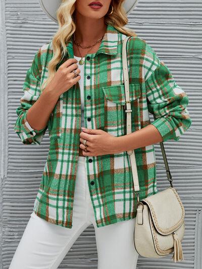 Plaid Pocketed Button Up Dropped Shoulder Jacket - Immenzive
