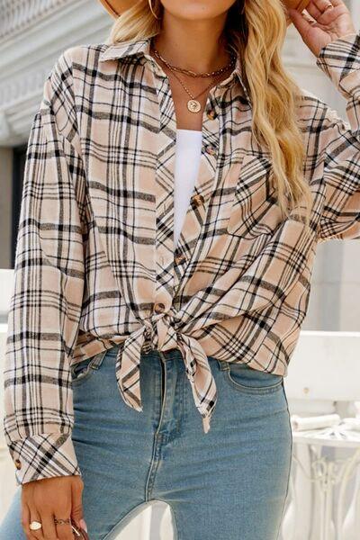 Plaid Pocketed Button Up Long Sleeve Shirt - Immenzive