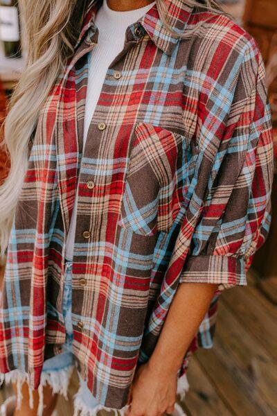 Plaid Pocketed Button Up Shirt - Immenzive