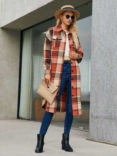 Plaid Pocketed Button Up Trench Coat - Immenzive