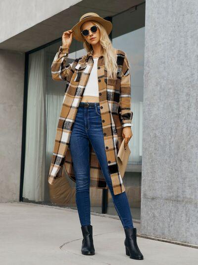 Plaid Pocketed Button Up Trench Coat - Immenzive