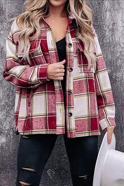 Plaid Pocketed Dropped Shoulder Coat - Immenzive