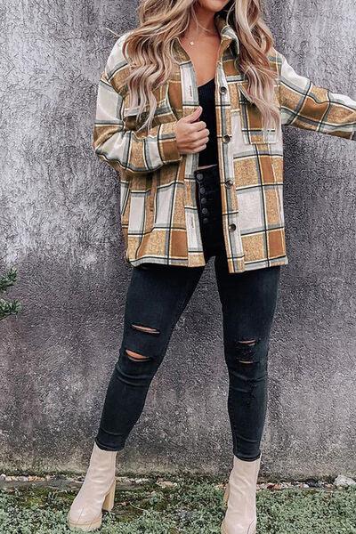 Plaid Pocketed Dropped Shoulder Coat - Immenzive