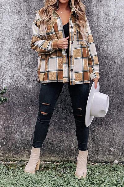 Plaid Pocketed Dropped Shoulder Coat - Immenzive