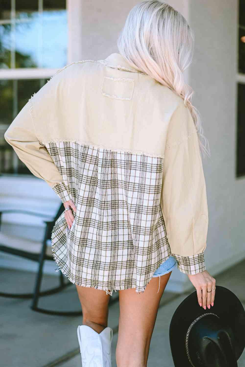 Plaid Raw Hem Button Down Jacket - Immenzive