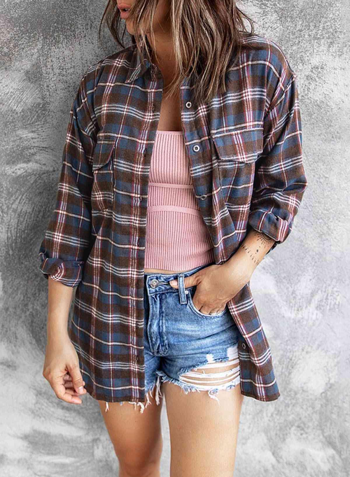 Plaid Slit High-Low Shirt with Pockets - Immenzive