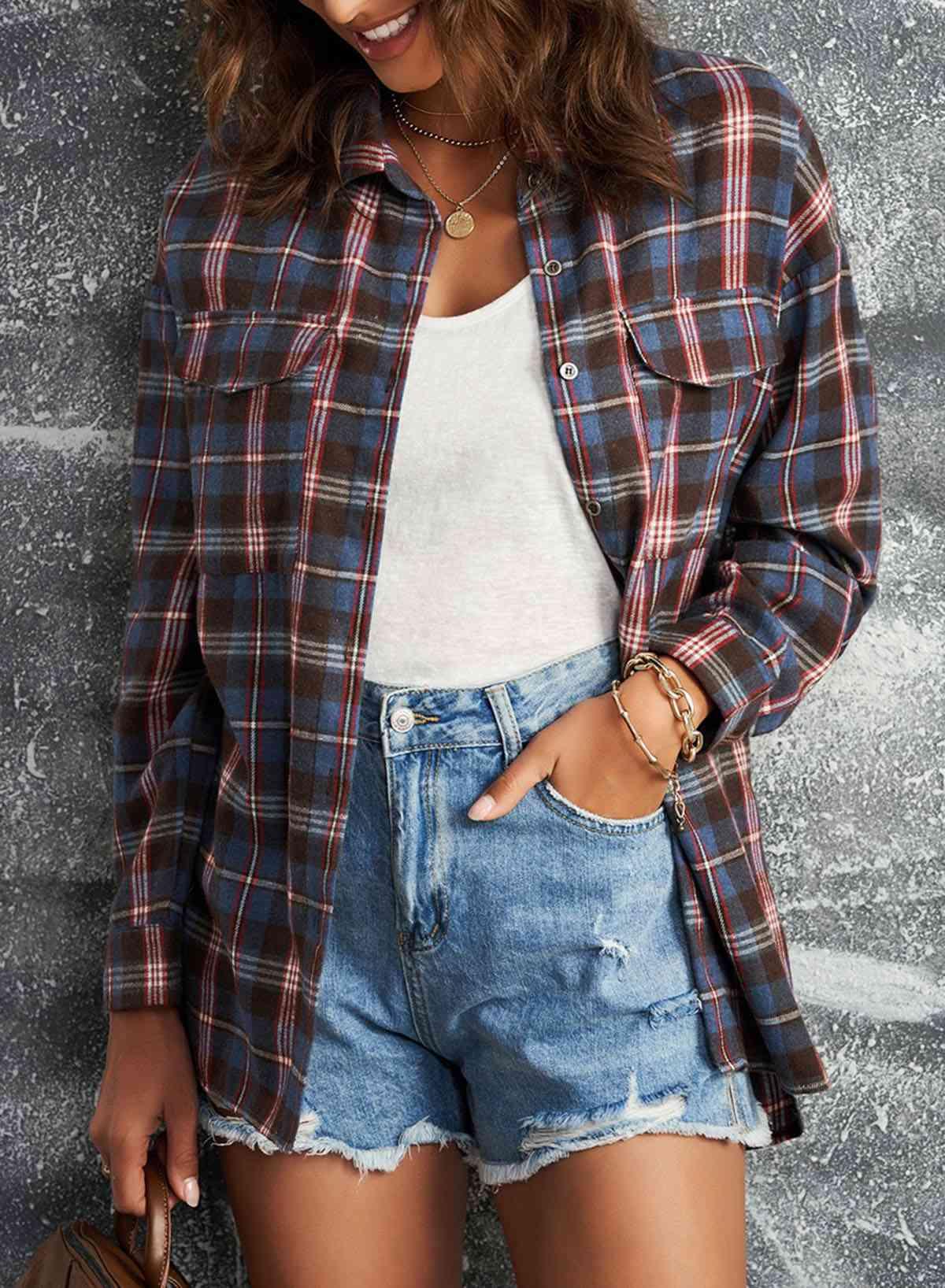 Plaid Slit High-Low Shirt with Pockets - Immenzive