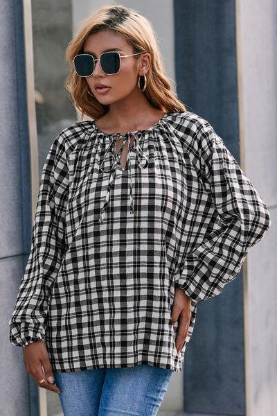 Plaid Tie Neck Balloon Sleeve Blouse - Immenzive