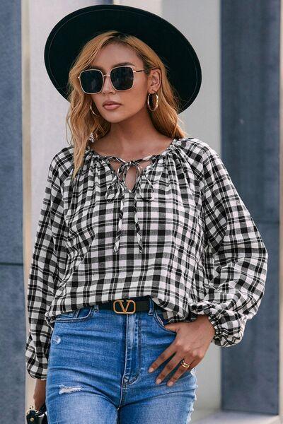 Plaid Tie Neck Balloon Sleeve Blouse - Immenzive