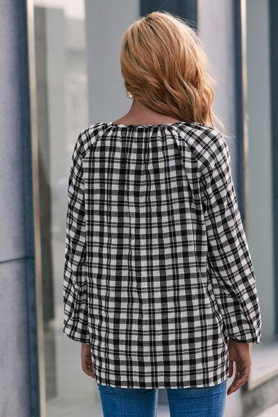 Plaid Tie Neck Balloon Sleeve Blouse - Immenzive