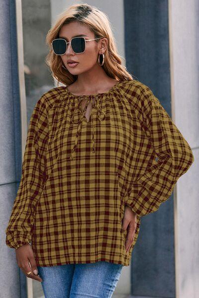Plaid Tie Neck Balloon Sleeve Blouse - Immenzive